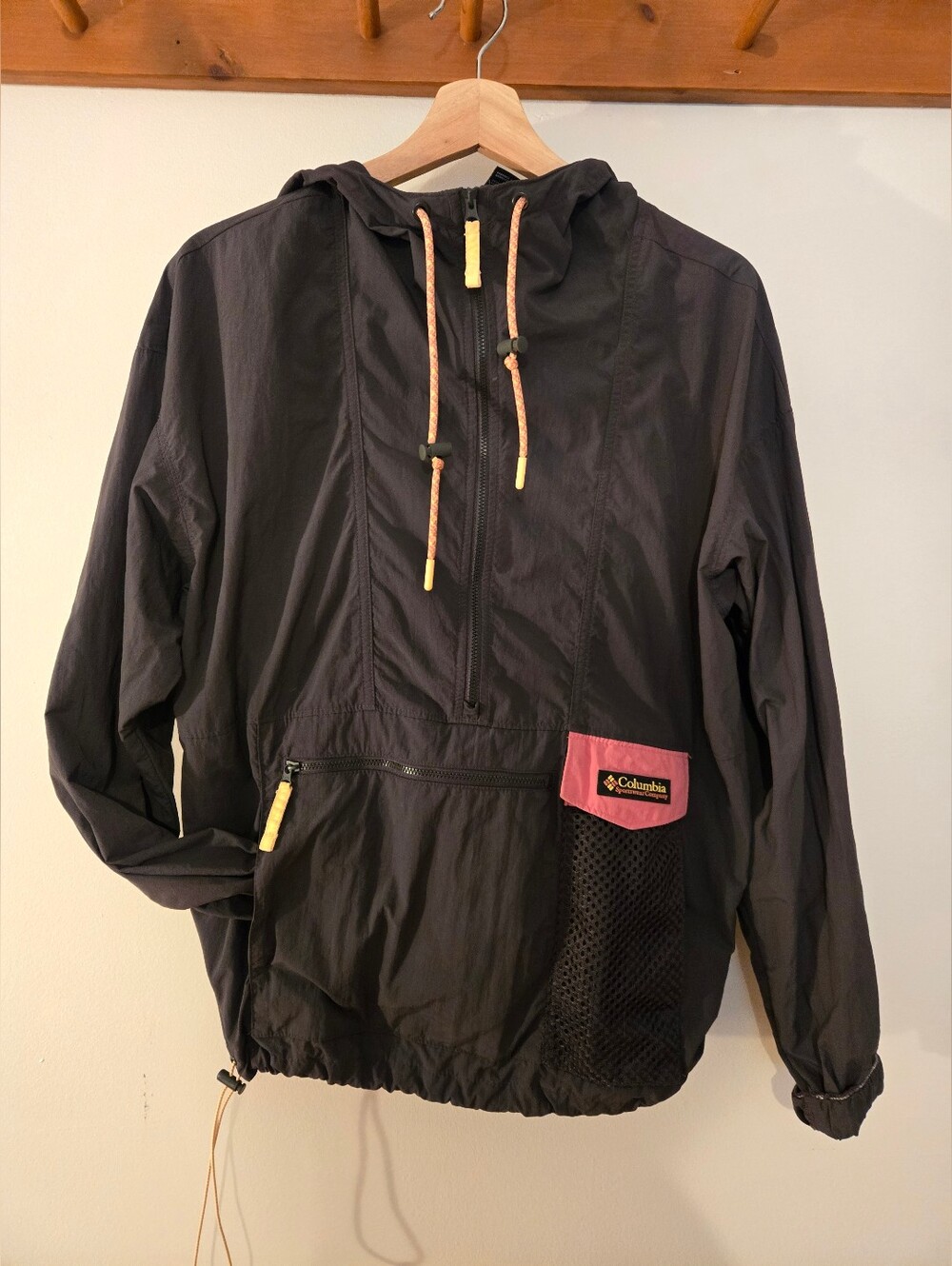 Columbia Gray Windbreaker with Pink Pocket and Yellow Accents